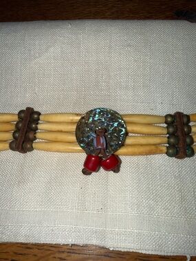 Vintage native necklace with bone, brass, leather, white heart trade beads shell